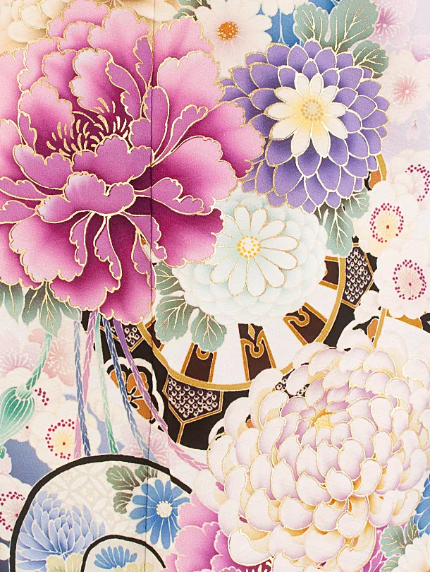 七五三レンタル(7歳女児結び帯) D7074 華徒然 白 薄紫 花車