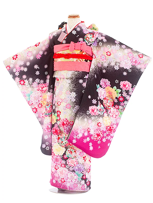 七五三レンタル(7歳女児結び帯) D7076 黒クリーム 鈴 花