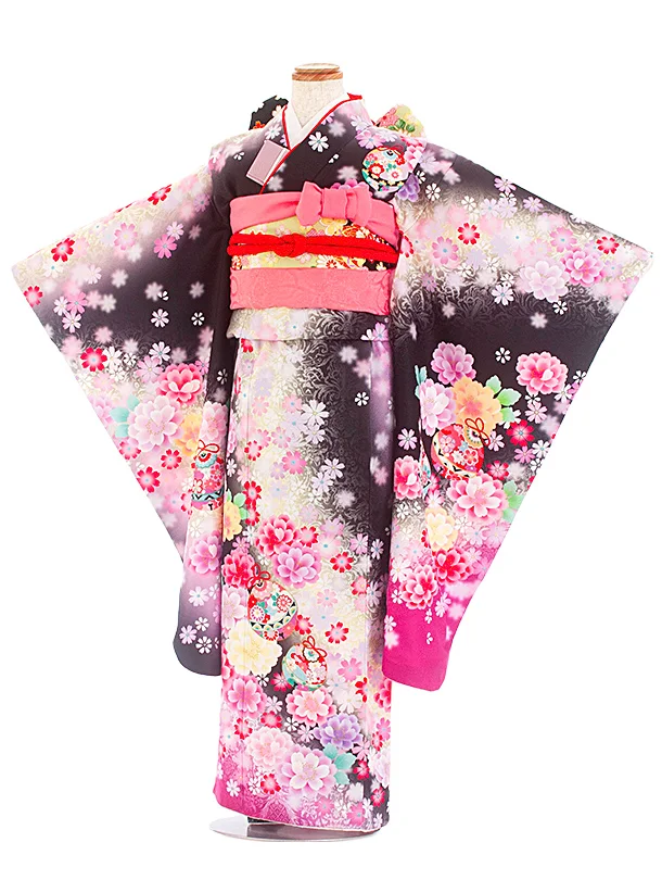 七五三レンタル(7歳女児結び帯) D7076 黒クリーム 鈴 花