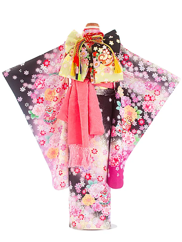 七五三レンタル(7歳女児結び帯) D7076 黒クリーム 鈴 花