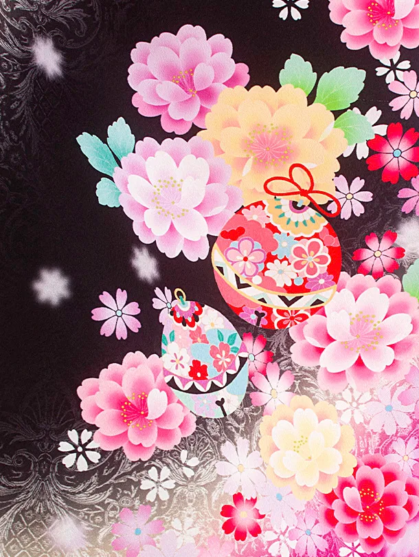 七五三レンタル(7歳女児結び帯) D7076 黒クリーム 鈴 花