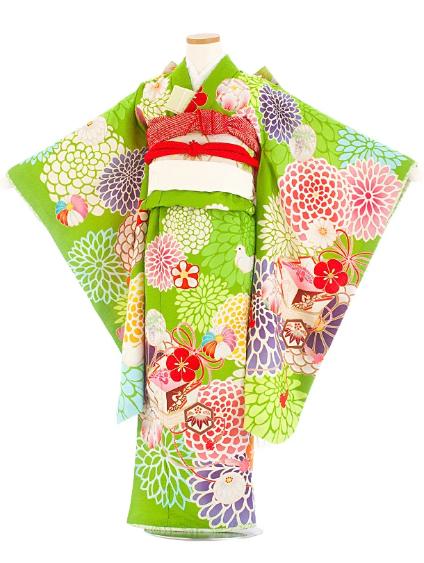 七五三レンタル(7歳女児結び帯) D7079 九重 緑 菊