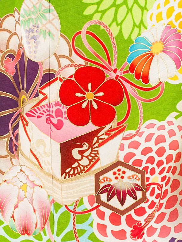 七五三レンタル(7歳女児結び帯) D7079 九重 緑 菊