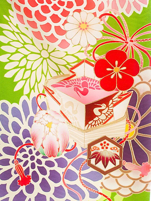 七五三レンタル(7歳女児結び帯) D7079 九重 緑 菊