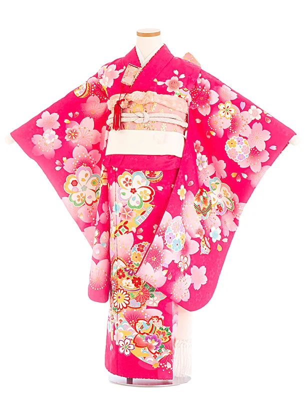 七五三レンタル(7歳女児結び帯) D7083 マゼンタ まり 桜のし
