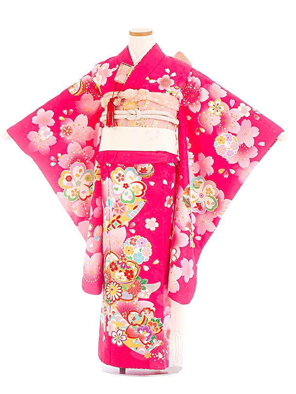 七五三レンタル(7歳女児結び帯) D7083 マゼンタ まり 桜のし