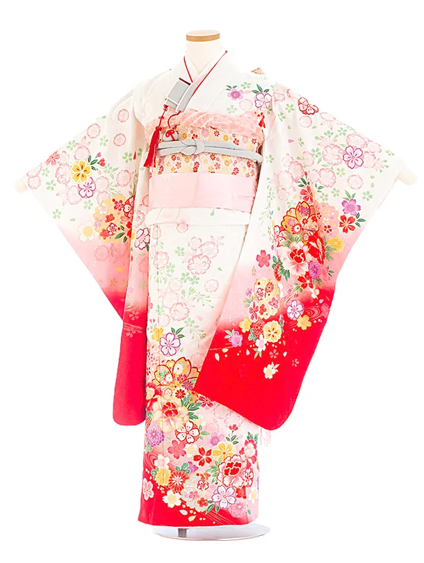 七五三レンタル(7歳女児結び帯) D7085 白赤 桜 牡丹