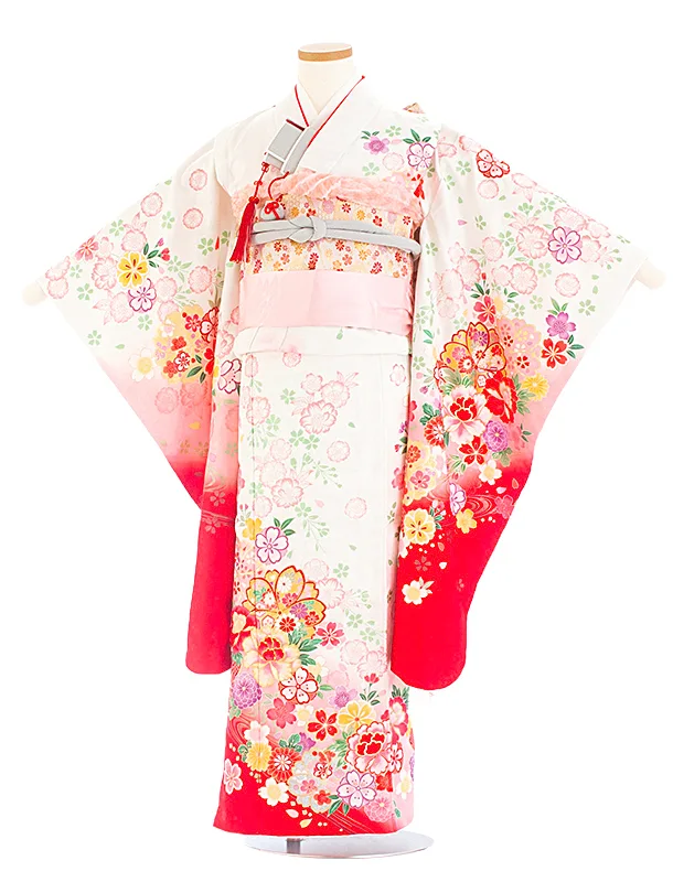 七五三レンタル(7歳女児結び帯) D7085 白赤 桜 牡丹