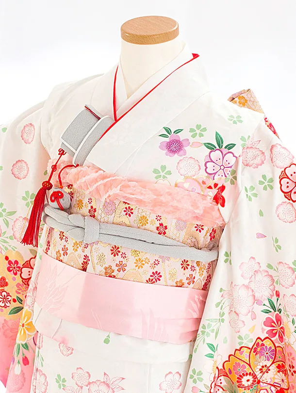 七五三レンタル(7歳女児結び帯) D7085 白赤 桜 牡丹