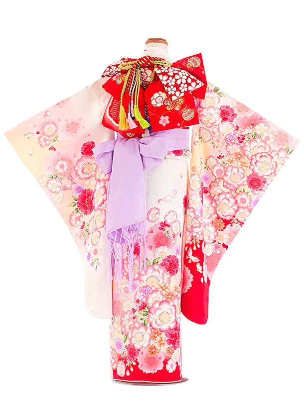 七五三レンタル(7歳女児結び帯) D7086 白ピンク 八重桜