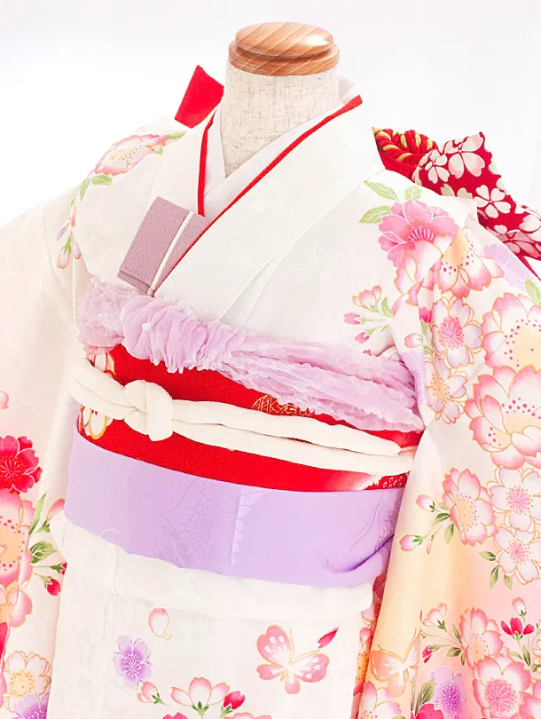 七五三レンタル(7歳女児結び帯) D7086 白ピンク 八重桜