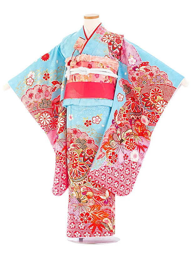 七五三レンタル(7歳女児結び帯) D7087 水色 まり のし 雲取り