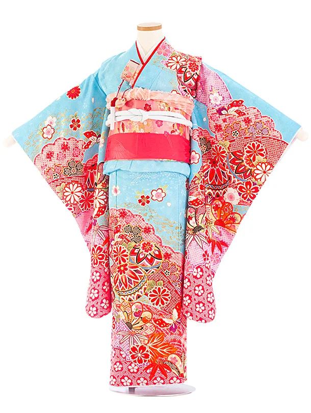 七五三レンタル(7歳女児結び帯) D7087 水色 まり のし 雲取り