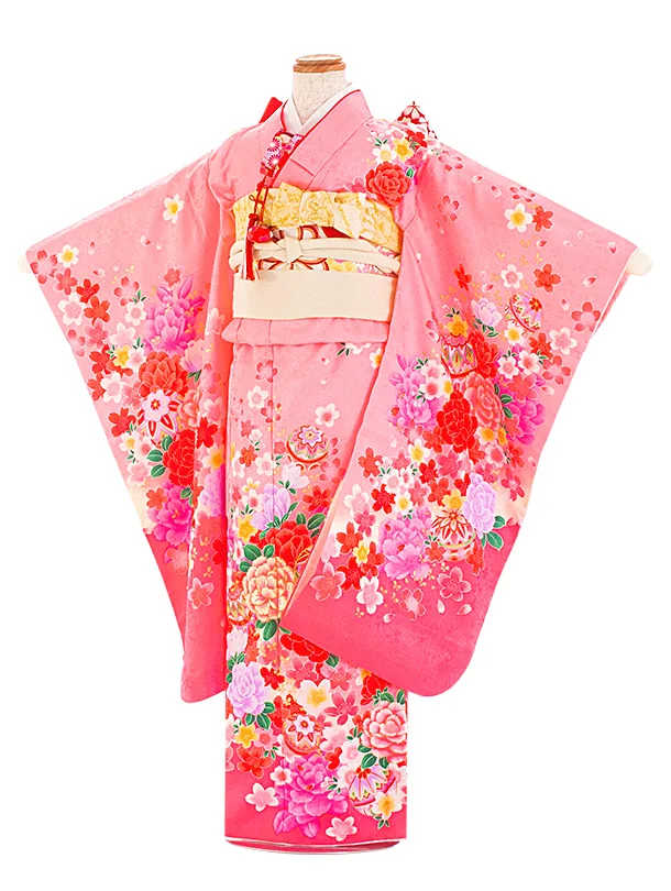 七五三レンタル(7歳女児結び帯) D7090 ピンク 牡丹 まり