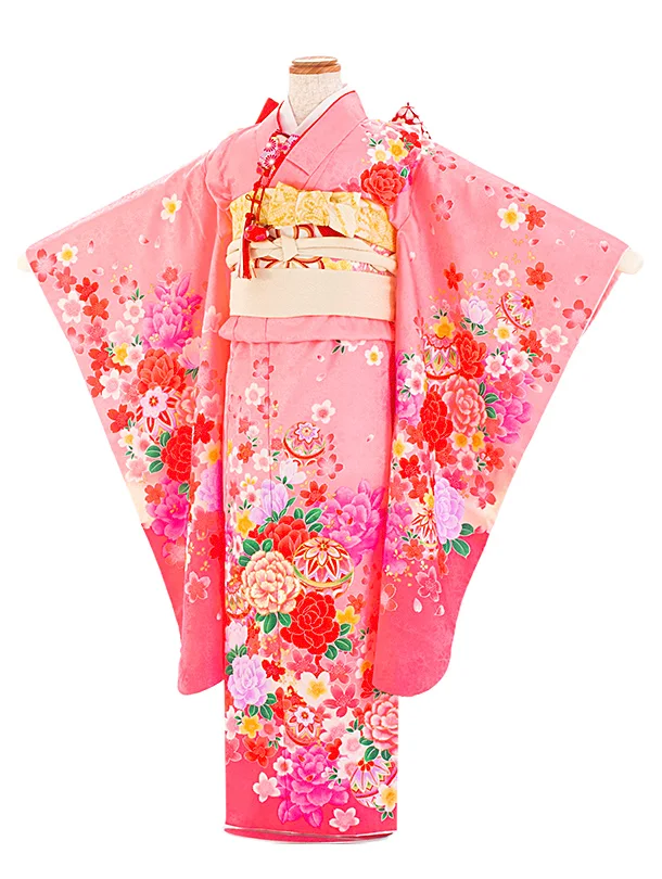 七五三レンタル(7歳女児結び帯) D7090 ピンク 牡丹 まり
