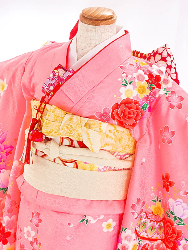 七五三レンタル(7歳女児結び帯) D7090 ピンク 牡丹 まり