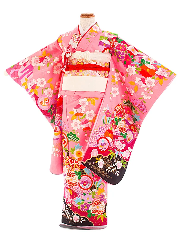 七五三レンタル(7歳女児結び帯) D7091 ピンク まり 桜 菊