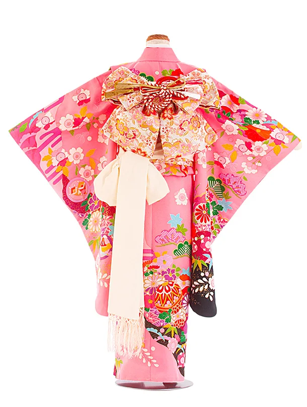 七五三レンタル(7歳女児結び帯) D7091 ピンク まり 桜 菊
