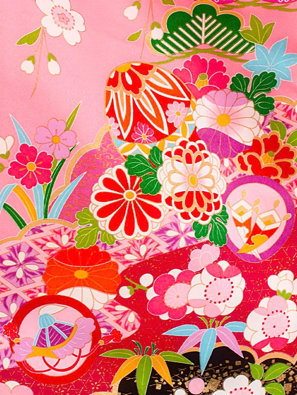 七五三レンタル(7歳女児結び帯) D7091 ピンク まり 桜 菊
