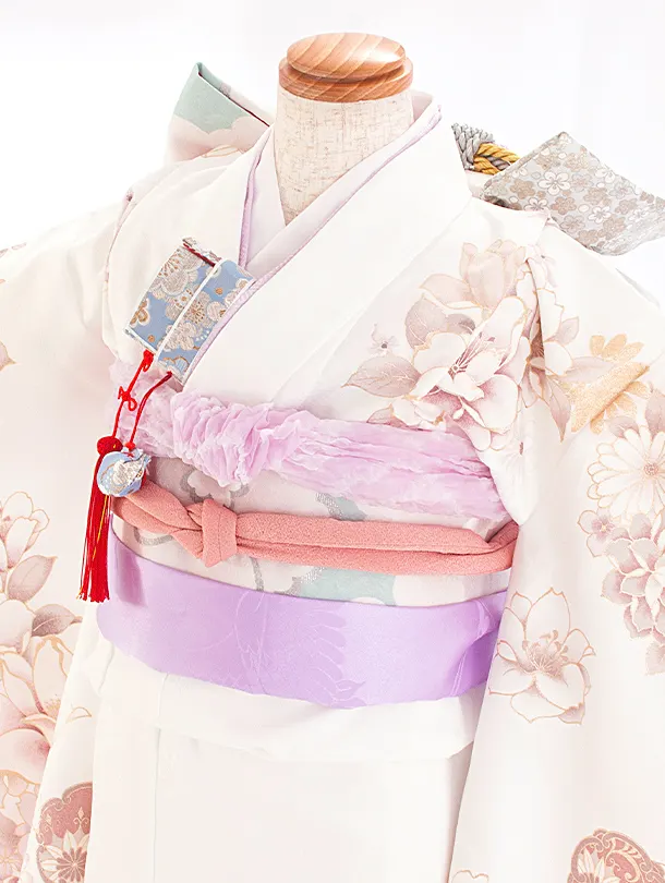 七五三レンタル(7歳女児結び帯) D7094 白 まり 牡丹