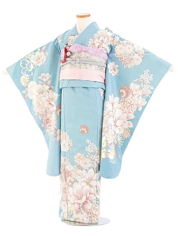 七五三レンタル(7歳女児結び帯) D7095 水色 まり 牡丹