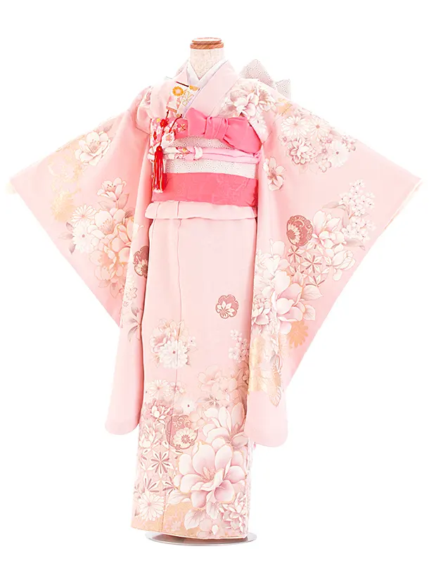 七五三レンタル(7歳女児結び帯) D7096 薄ピンク まり 牡丹