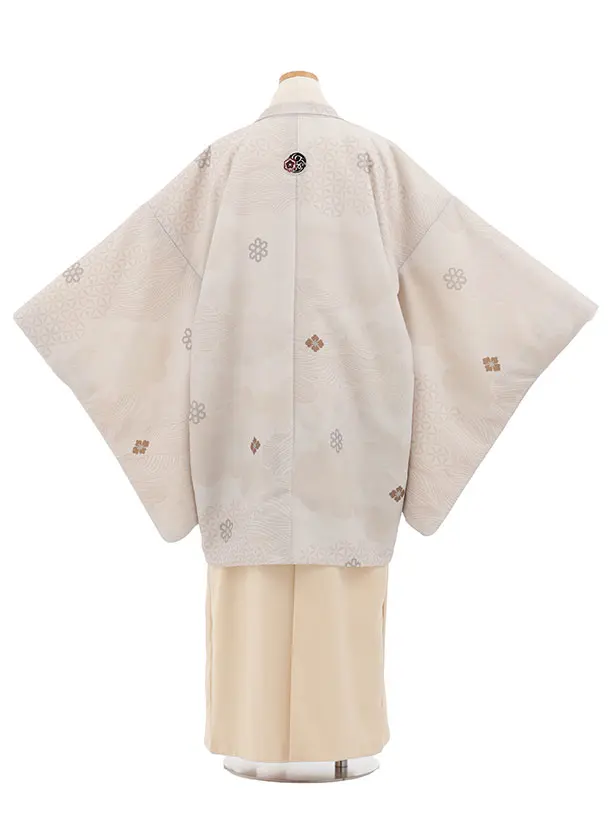 小学生男児 D0058 雲取り 薄グレー紋付 小紋×アイボリー