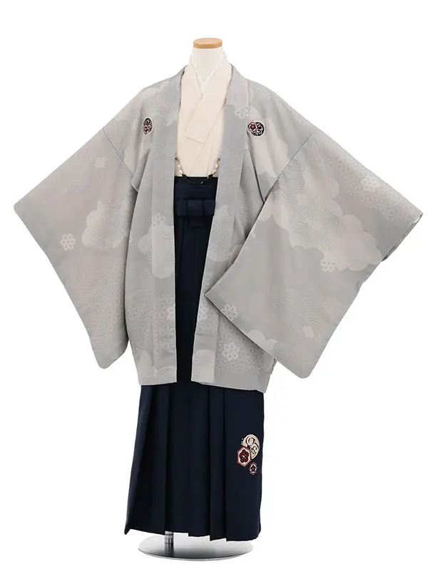 小学生男児 D0060 雲取り グレー紋付 小紋×紺