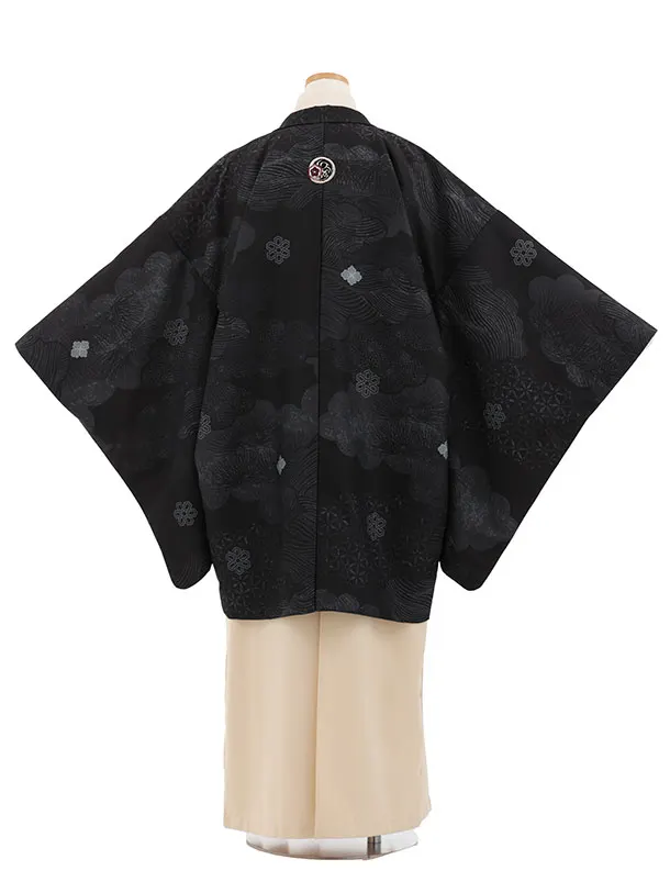 小学生男児 D0064 雲取り 黒紋付 小紋×アイボリー