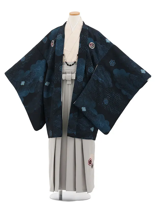 小学生男児 D0065 雲取り 青紋付 小紋×グレー