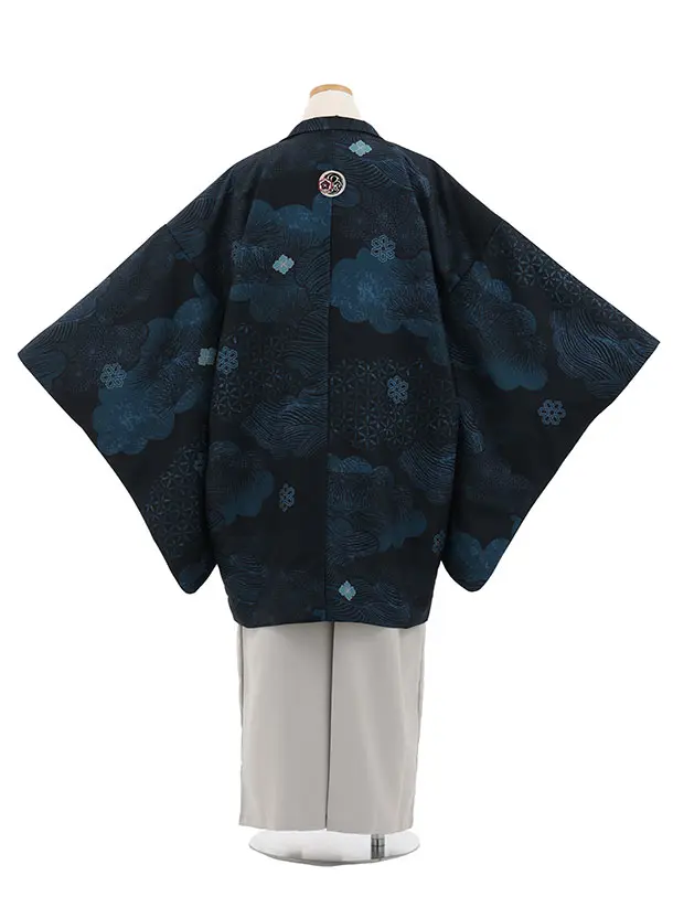 小学生男児 D0066 雲取り 青紋付 小紋×グレー