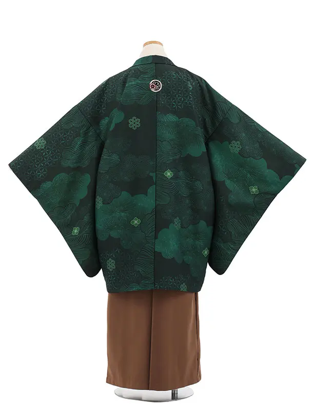 小学生男児 D0068 雲取り 緑紋付 小紋×ブラウン