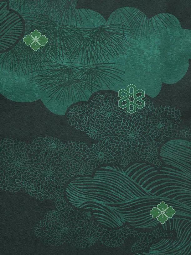 小学生男児 D0068 雲取り 緑紋付 小紋×ブラウン