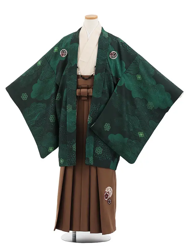 小学生男児 D0070 雲取り 緑紋付 小紋×ブラウン