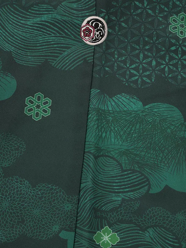 小学生男児 D0070 雲取り 緑紋付 小紋×ブラウン