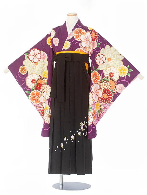 小学生卒業袴(女の子)D003 紫 ねじり梅 花×黒袴