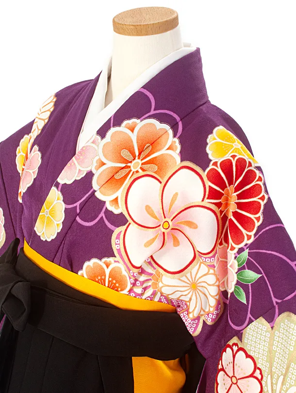 小学生卒業袴(女の子)D003 紫 ねじり梅 花×黒袴