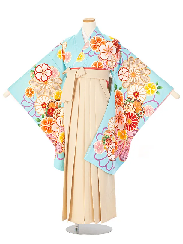 小学生卒業袴(女の子)D004 水色 ねじり梅 花×アイボリー袴