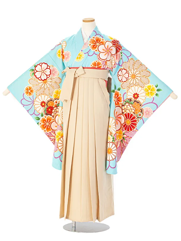 小学生卒業袴(女の子)D004 水色 ねじり梅 花×アイボリー袴