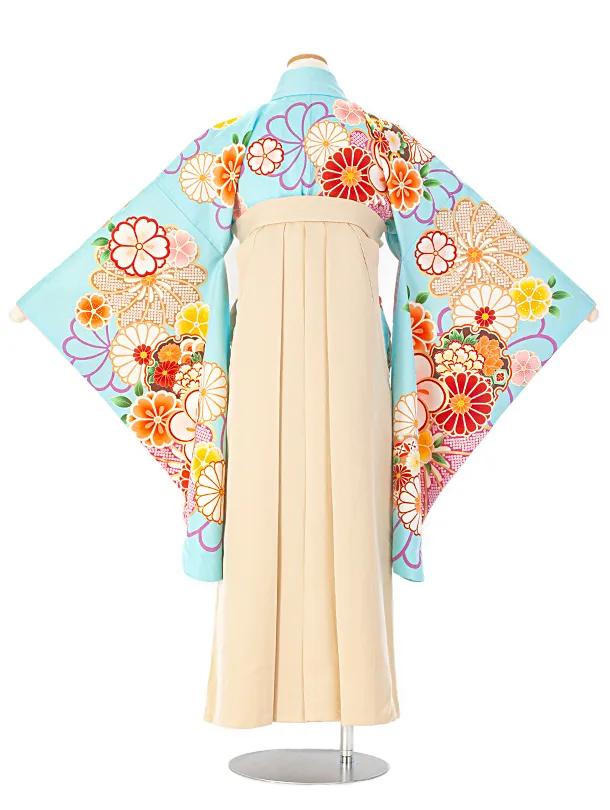 小学生卒業袴(女の子)D004 水色 ねじり梅 花×アイボリー袴