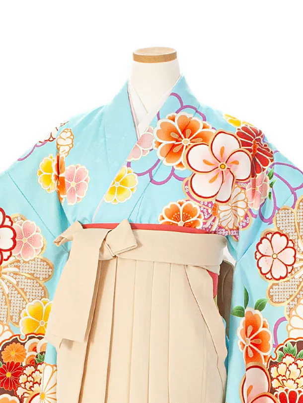 小学生卒業袴(女の子)D004 水色 ねじり梅 花×アイボリー袴