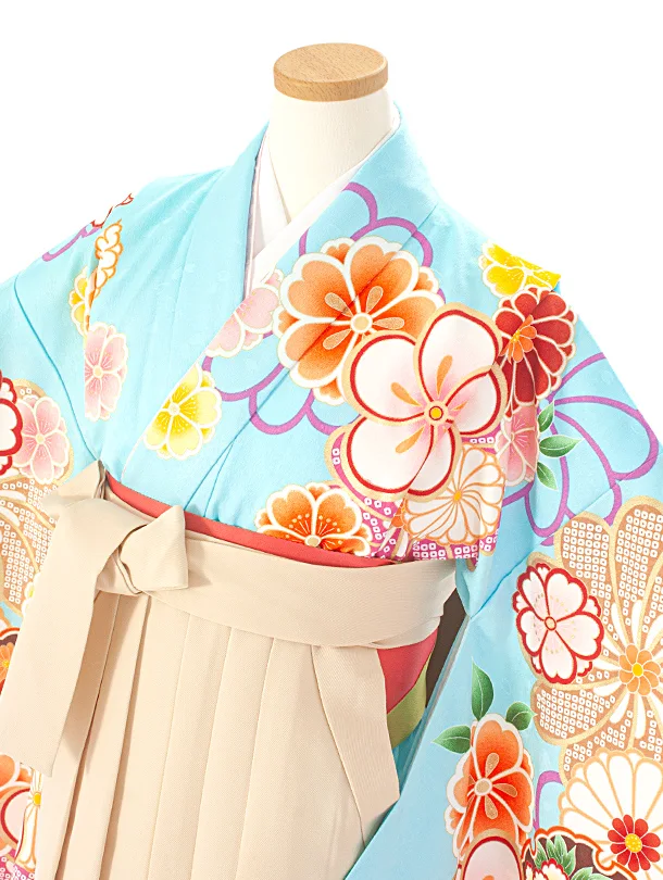 小学生卒業袴(女の子)D004 水色 ねじり梅 花×アイボリー袴