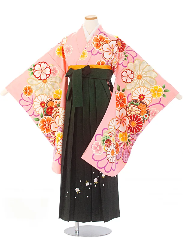 小学生卒業袴(女の子)D005 ピンク ねじり梅 花×緑ぼかし袴