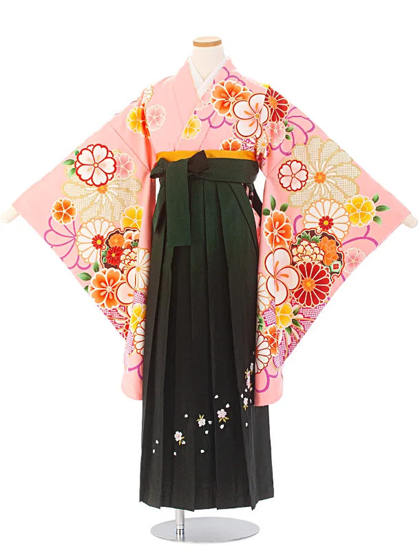 小学生卒業袴(女の子)D005 ピンク ねじり梅 花×緑ぼかし袴