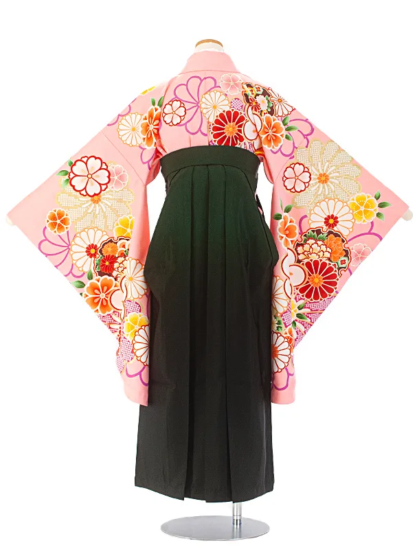 小学生卒業袴(女の子)D005 ピンク ねじり梅 花×緑ぼかし袴
