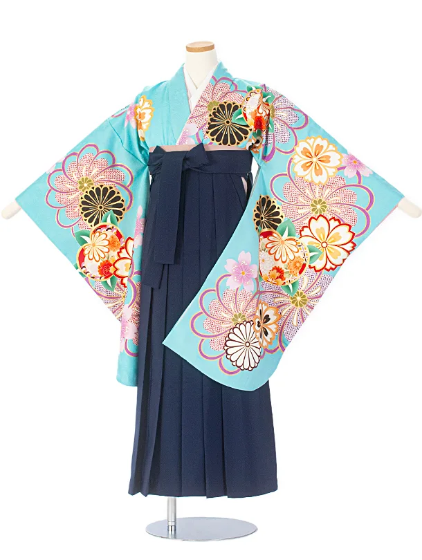 小学生卒業袴(女の子)D006 水色 橘 花×紺袴