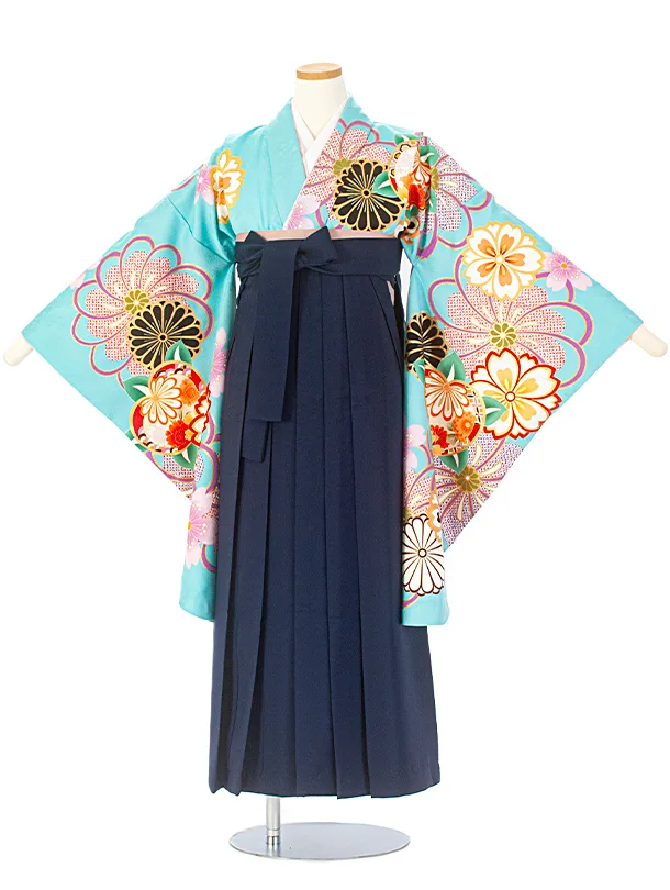 小学生卒業袴(女の子)D006 水色 橘 花×紺袴