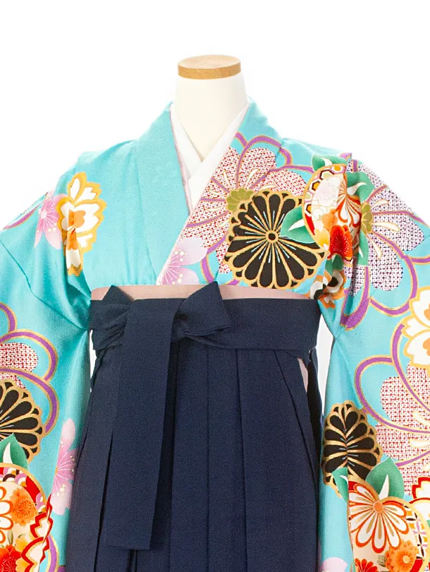 小学生卒業袴(女の子)D006 水色 橘 花×紺袴