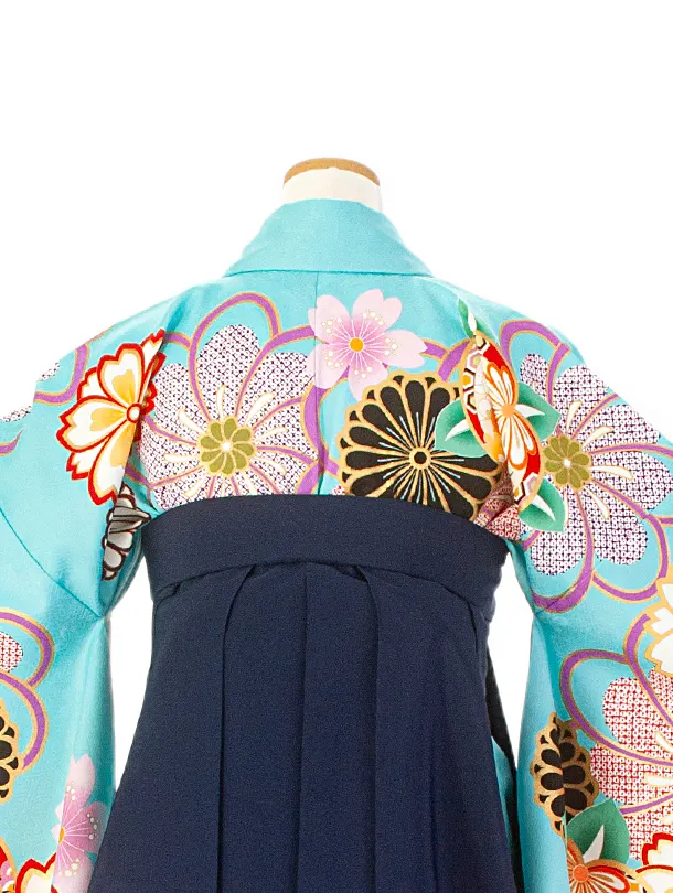 小学生卒業袴(女の子)D006 水色 橘 花×紺袴