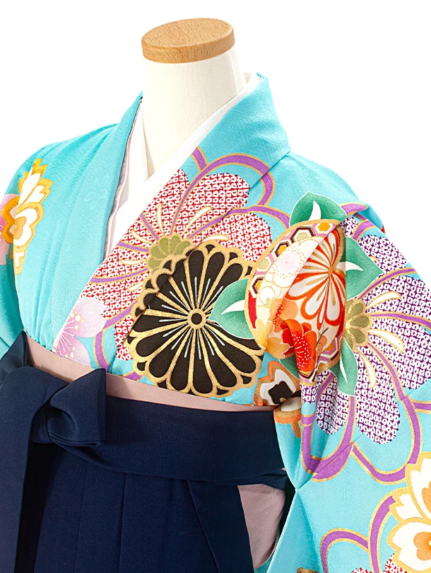 小学生卒業袴(女の子)D006 水色 橘 花×紺袴